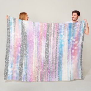 Modern Iridescent & Silver Glitter Strokes Stripes Fleece Blanket