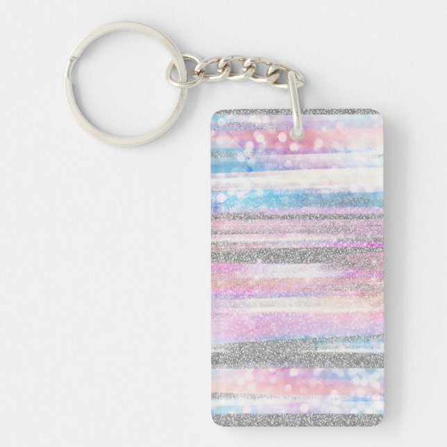 Modern Iridescent & Silver Glitter Strokes Stripes Key Ring (Front)