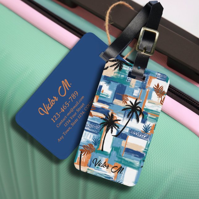 Modern Island Tropical Check Blue White Luggage Tag (The modern tropical hawaii island mix blue checked pixel in custom luggage tag.)