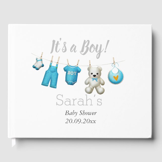 Modern it’s a Boy Cute Blue Grey Baby Shower Guest Book (Front)