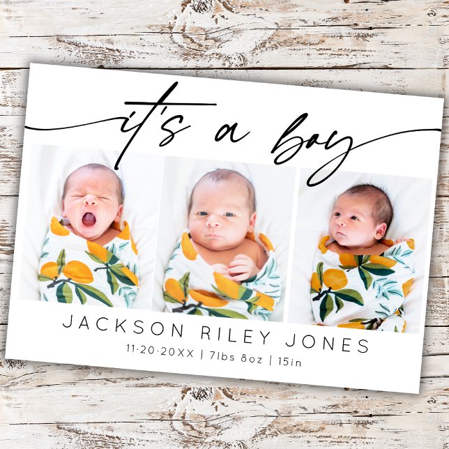 Modern It's a Boy Baby Newborn 3 Photo Collage   Card (Creator Uploaded)