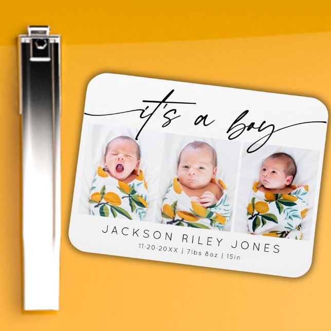 Modern It's a Boy Baby Newborn 3 Photo Collage   Magnet (Creator Uploaded)