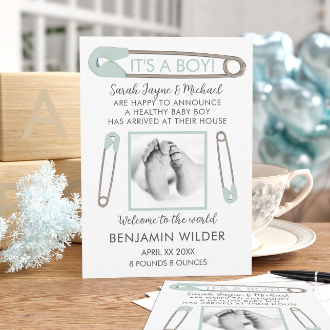 Modern It's A Boy Baby Photo Birth Announcement (Upload your baby photo and add your message to this blue diaper pin birth announcement card)