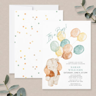 Modern It's a Boy Elephant Balloons Baby Shower Invitation