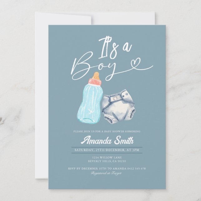 Modern It's a boy Milk Bottle and Diaper Invitation (Front)