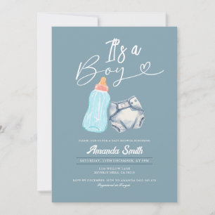 Modern It's a boy Milk Bottle and Diaper Invitation