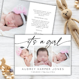 Modern It's a Girl Baby Newborn 3 Photo Collage   Announcement