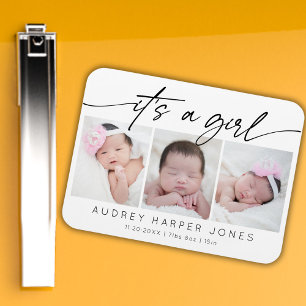 Modern It's a Girl Baby Newborn 3 Photo Collage   Magnet
