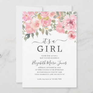 Modern It's a Girl Blush Pink Floral Baby Shower Invitation