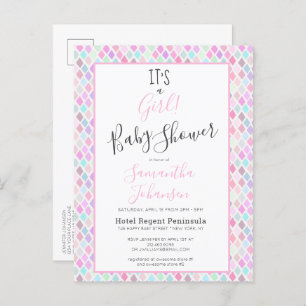 Modern It's a Girl Geometric Pattern Baby Shower Invitation Postcard