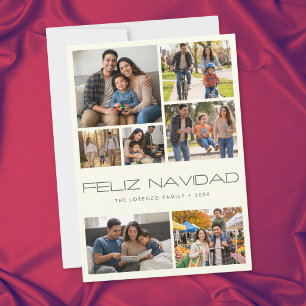 Modern Ivory 7 Photo Collage Feliz Navidad Holiday Card