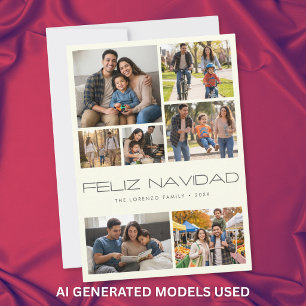 Modern Ivory 7 Photo Collage Feliz Navidad Holiday Card