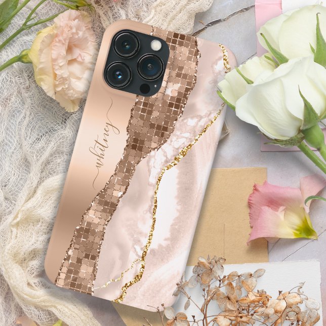 Modern Ivory Agate & Rose Gold Glitter Monogram Case-Mate iPhone Case (Creator Uploaded)