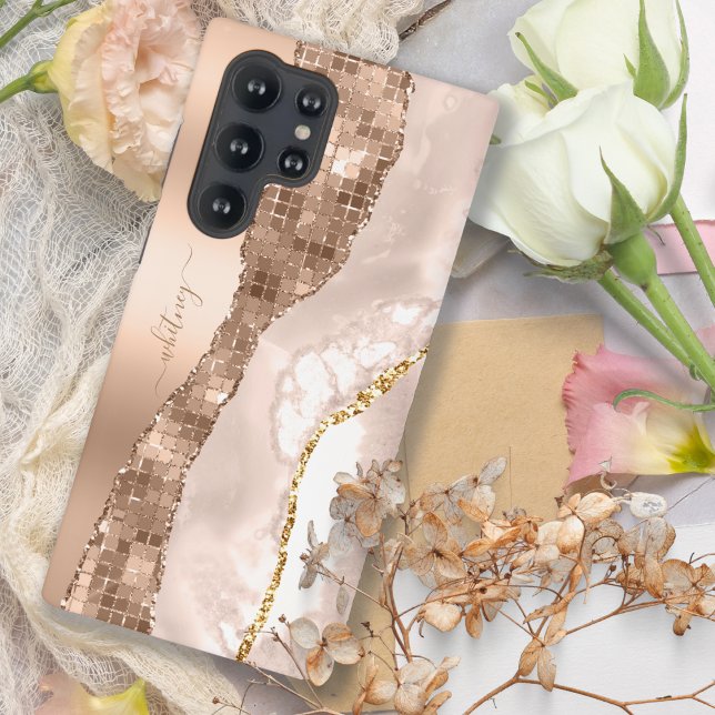 Modern Ivory Agate & Rose Gold Glitter Monogram Samsung Galaxy S22 Ultra Case (Creator Uploaded)