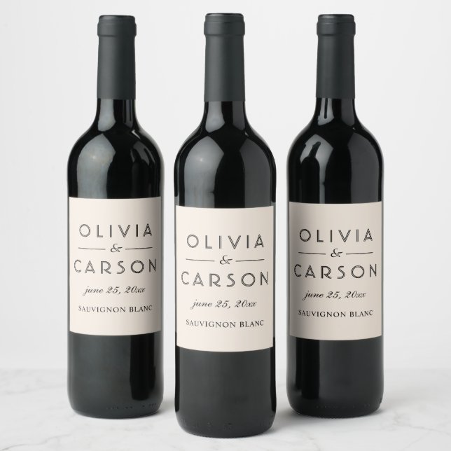 Modern Ivory and Black Monogram Wedding Wine Label (Bottles)