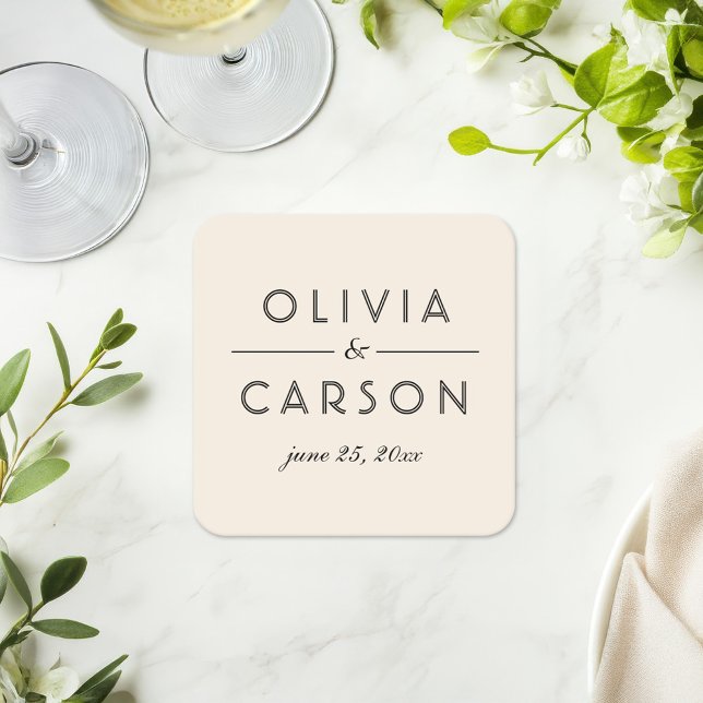 Modern Ivory and Black Wedding Monogram Square Paper Coaster (Creator Uploaded)