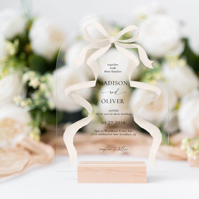 Modern Ivory Beige Bow Monogram Arch Wedding Acrylic Invitations (Creator Uploaded)