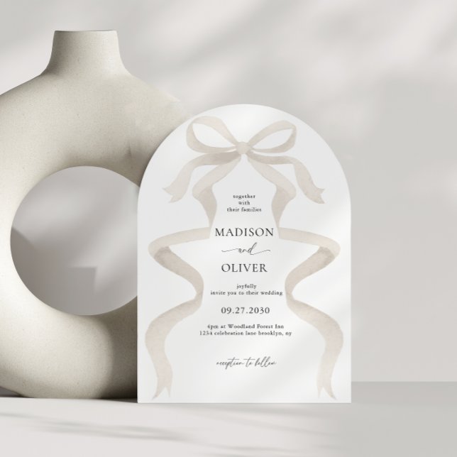 Modern Ivory Beige Bow Monogram Arch Wedding Invitation (Creator Uploaded)