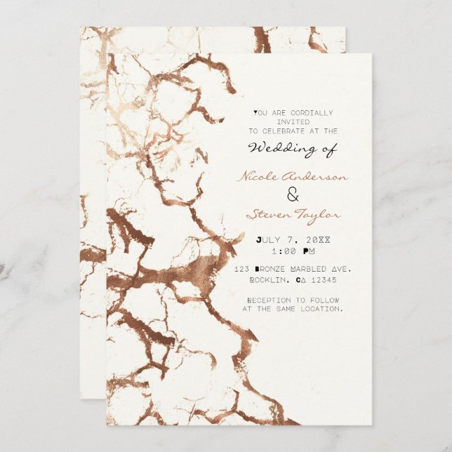 Modern Ivory Cream Bronze Rust Marble Wedding Invitation (Front/Back)
