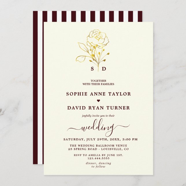 Modern Ivory Deep Burgundy Monogram Wedding Invitation (Front/Back)