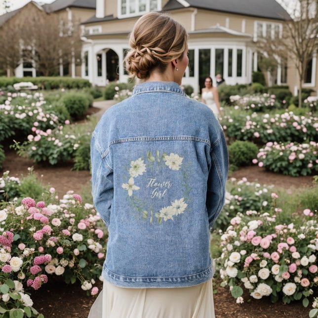 Modern Ivory Floral Script Flower Girl Denim Jacket (Wedding Back)