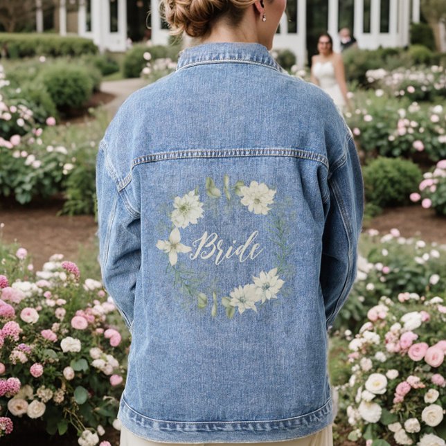 Modern Ivory Floral Script Personalised Bride Denim Jacket (Floral Bride Denim Jean Jacket)