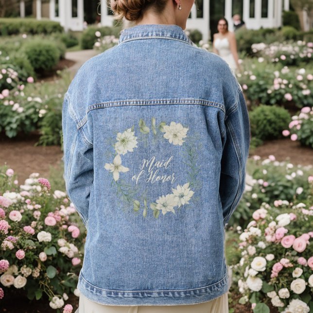 Modern Ivory Floral Wreath Script Maid of Honour Denim Jacket (Maid of Honor Denim Jean Jacket)