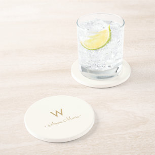 Modern Ivory Gold Script Monogram Coaster