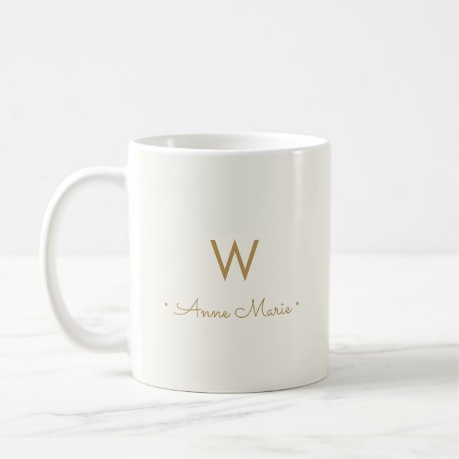Modern Ivory Gold Script Monogram Coffee Mug (Left)