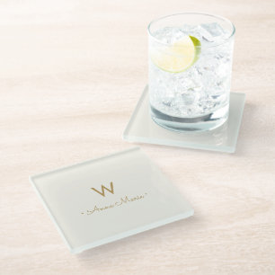 Modern Ivory Gold Script Monogram Glass Coaster