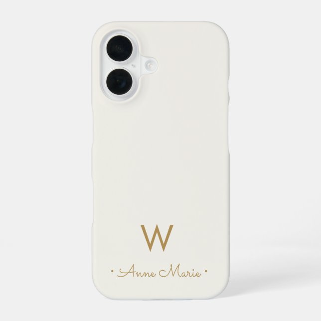 Modern Ivory Gold Script Monogram iPhone 16 Case (Back)