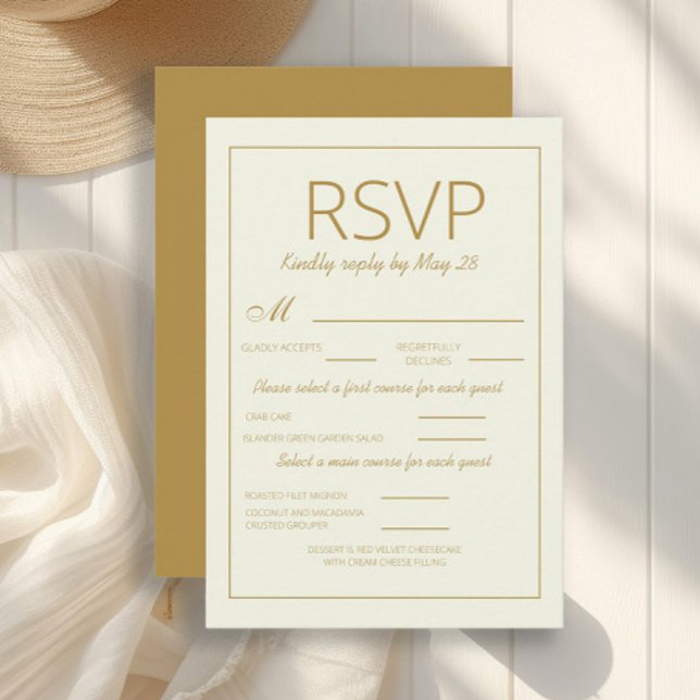 Modern Ivory Gold Wedding RSVP  Meal Choice (Gold and white vertical wedding RSVP card)