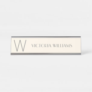 Modern ivory grey minimalist monogram name desk name plate