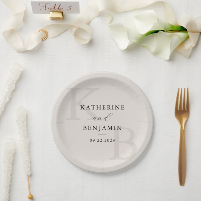 Modern Ivory Monogram Minimalist Wedding Paper Plate (Wedding)