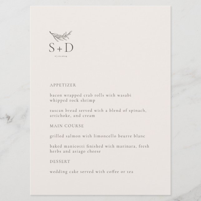 Modern Ivory Monogrammed Wedding Menu (Front)