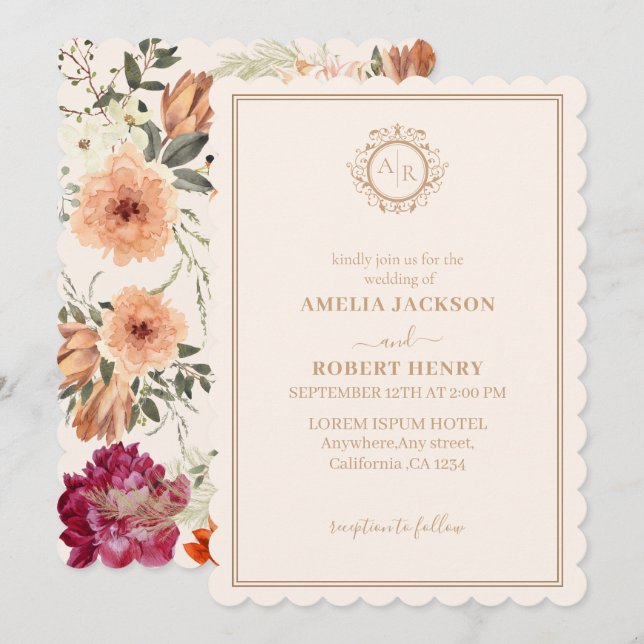 Modern Ivory orange maroon floral fall wedding Invitation (Front/Back)