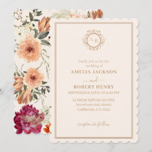 Modern Ivory orange maroon floral fall wedding Invitation
