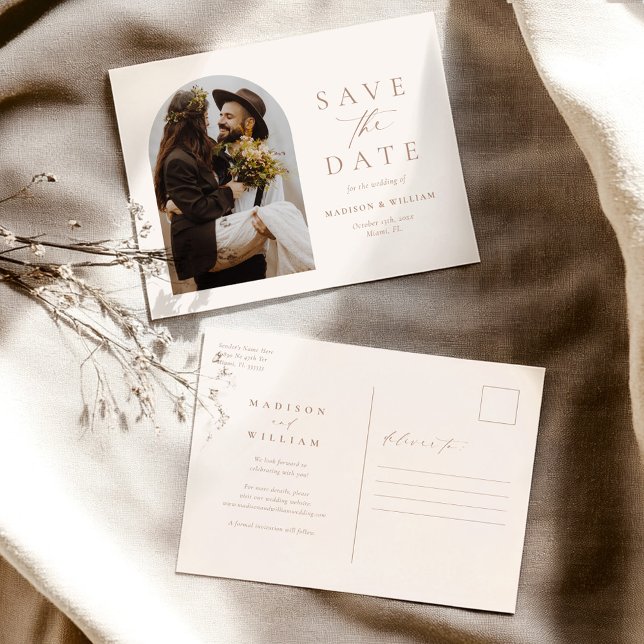 Modern Ivory Photo Save The Date Postcard (Creator Uploaded)