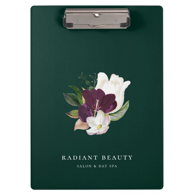 Modern Ivory Plum Floral Bouquet Emerald Clipboard (Front)