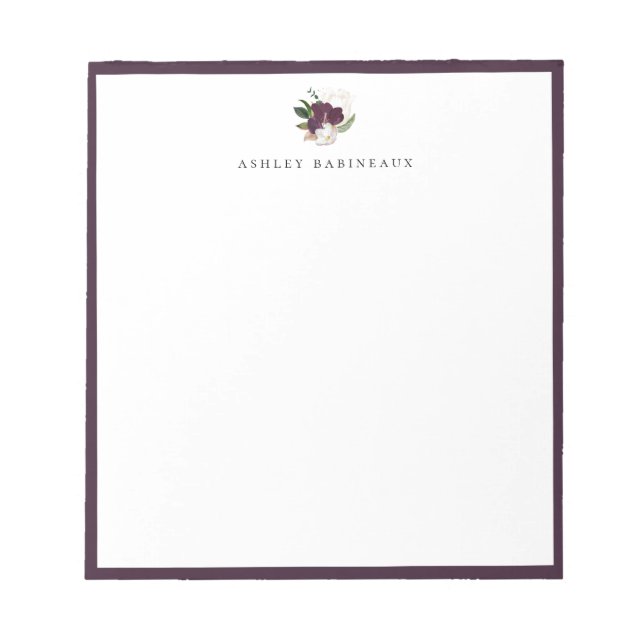 Modern Ivory Plum Floral Bouquet Purple Frame Notepad (Front)