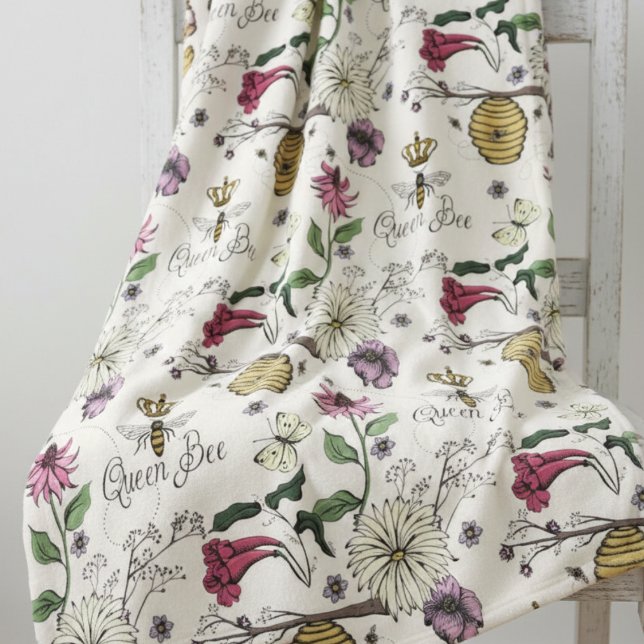 Modern Ivory Queen Bee Floral Illustration Pattern Fleece Blanket (Elegant Botanical Queen Bee Gold Crown, Flowers, Wildflowers & Beehive Floral Insect Bee Blankets)
