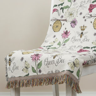 Modern Ivory Queen Bee Floral Illustration Pattern Throw Blanket