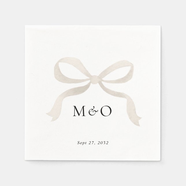 Modern Ivory White Bow Watercolor Monogram Wedding Napkin (Front)