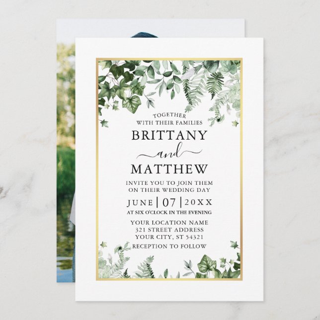 Modern Ivy Sage Greenery Photo Gold Wedding Invitation (Front/Back)