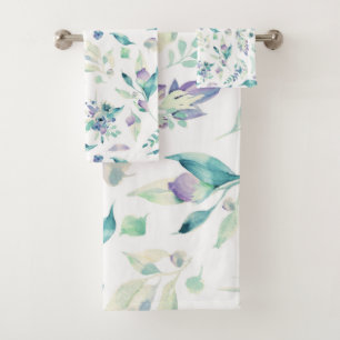 Modern jade green lavender watercolor floral bath towel set