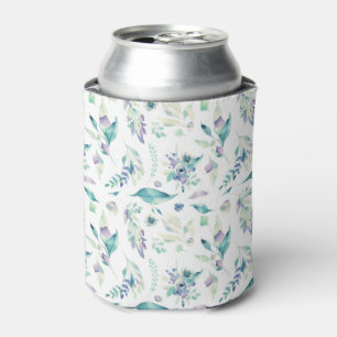 Modern jade green lavender watercolor floral can cooler