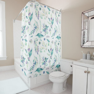 Modern jade green lavender watercolor floral shower curtain