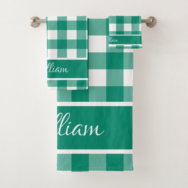 Modern Jade Green White Buffalo Checks Bath Towel Set (Insitu)