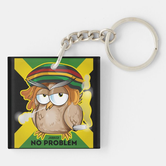 Modern Jamaica No Problem Funny Owl Smoking Key Ring (Back)