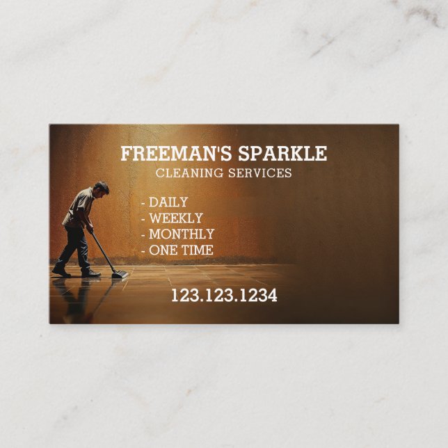 Modern Janitor Mopping Under Warm Light Business Card (Front)